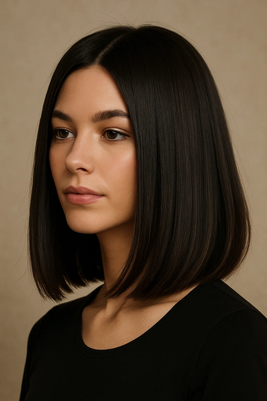 an image of a woman with a blunt lob (long bob), styled to fall just below the shoulders, maintaining a sleek yet dynamic silhouette.