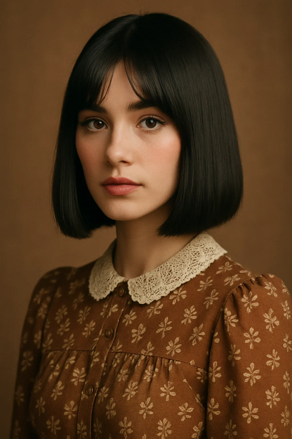 an image of a woman with a blunt long bob, featuring sharp, clean lines, and paired with soft curtain bangs for a bold and modern look.