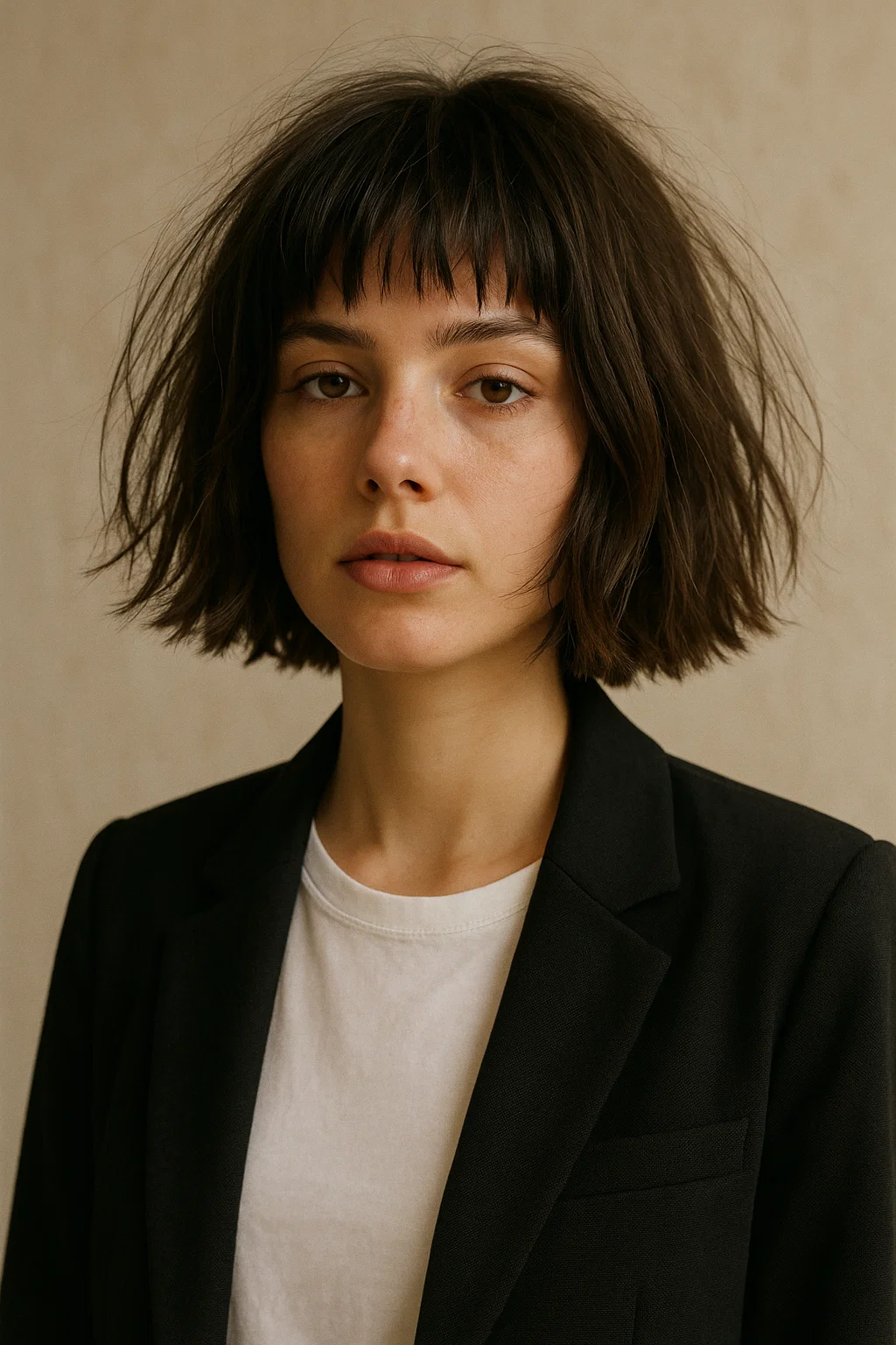 an image of a woman with a choppy blunt bob, where the ends are intentionally uneven, giving the hairstyle a carefree, tousled vibe.