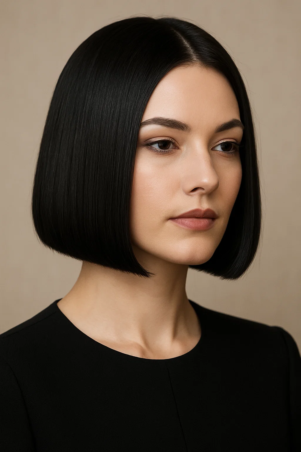 an image of a woman with a classic blunt bob haircut, featuring sleek, straight ends that fall just below the chin for a polished and sophisticated look.