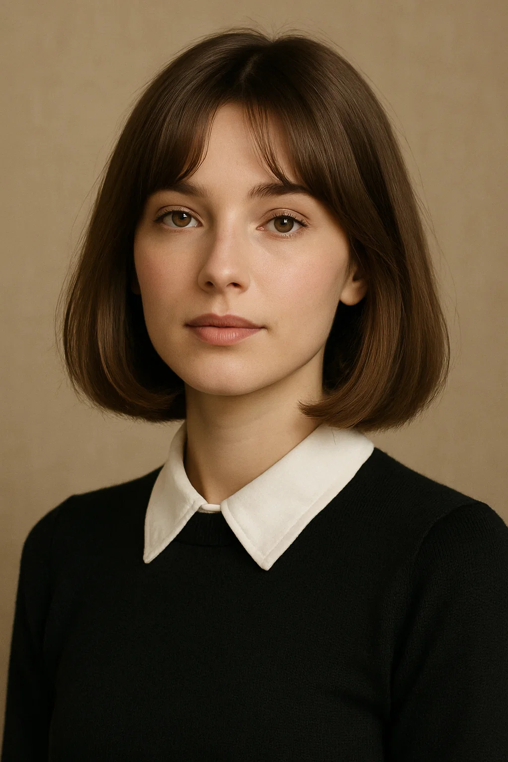 an image of a woman with a classic, refined long bob, featuring subtle curtain bangs that add a soft, timeless look, perfect for any occasion.