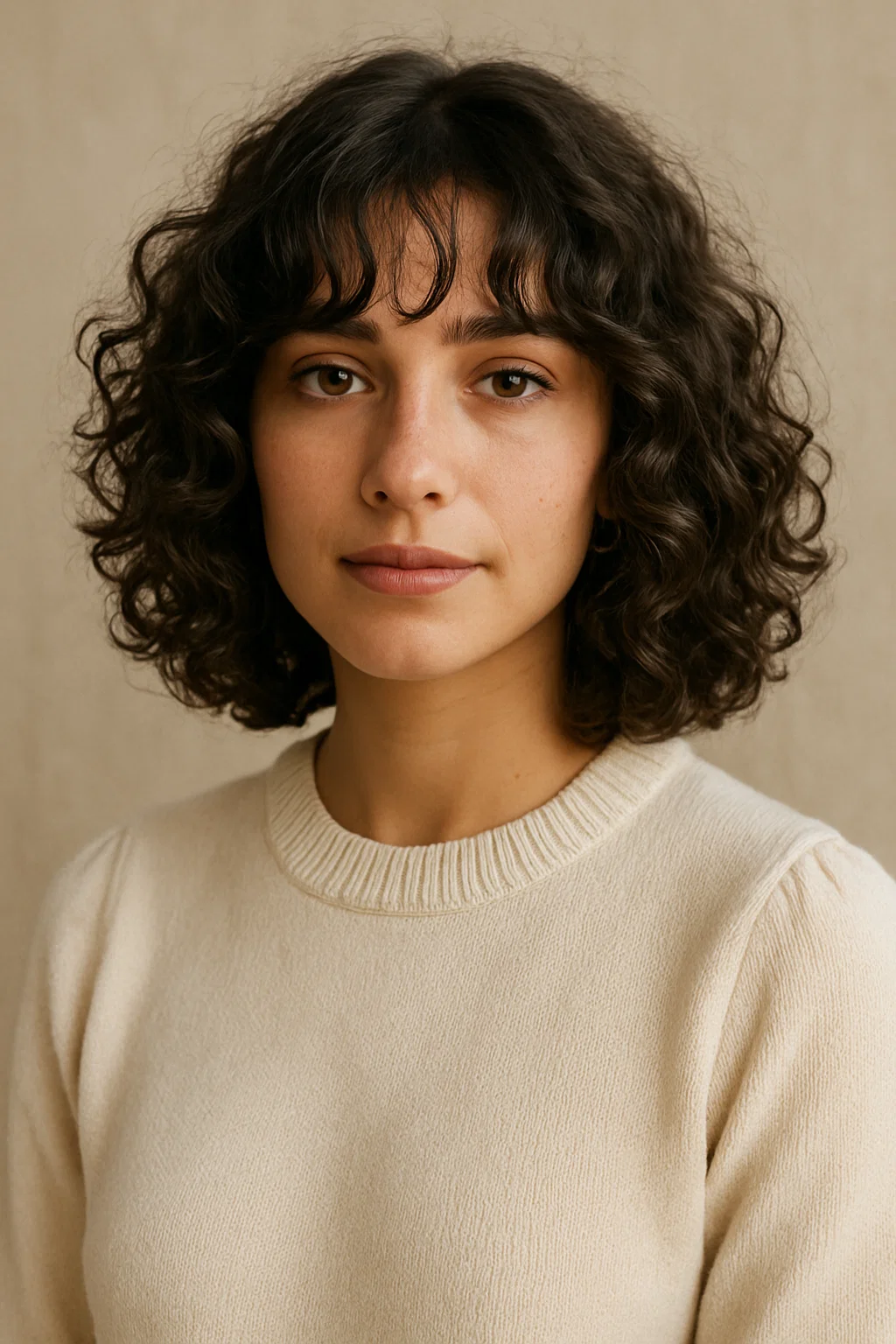 an image of a woman with a curly long bob, featuring natural curls and soft, layered curls, complemented by curtain bangs to balance the volume