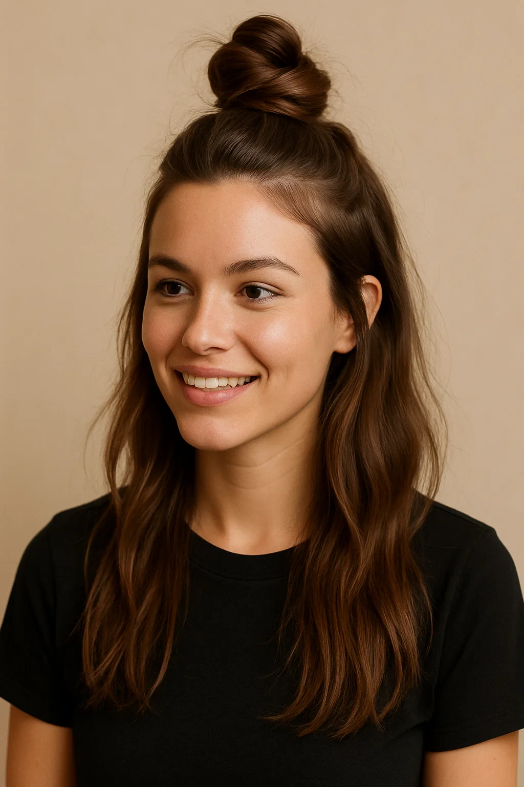 an image of a woman with a half-up, half-down top knot hairstyle, with the top section twisted into a bun and the bottom half left loose, creating a playful yet practical look.