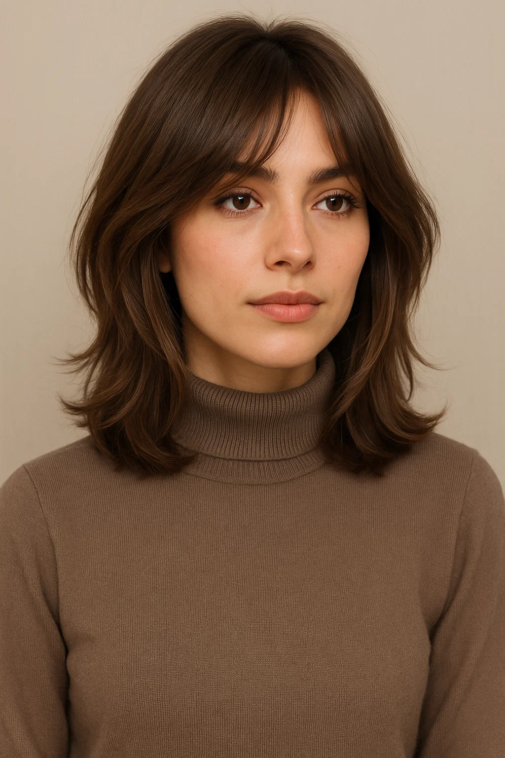 an image of a woman with a layered long bob, with curtain bangs framing her face and adding movement and texture for a stylish, dynamic look.
