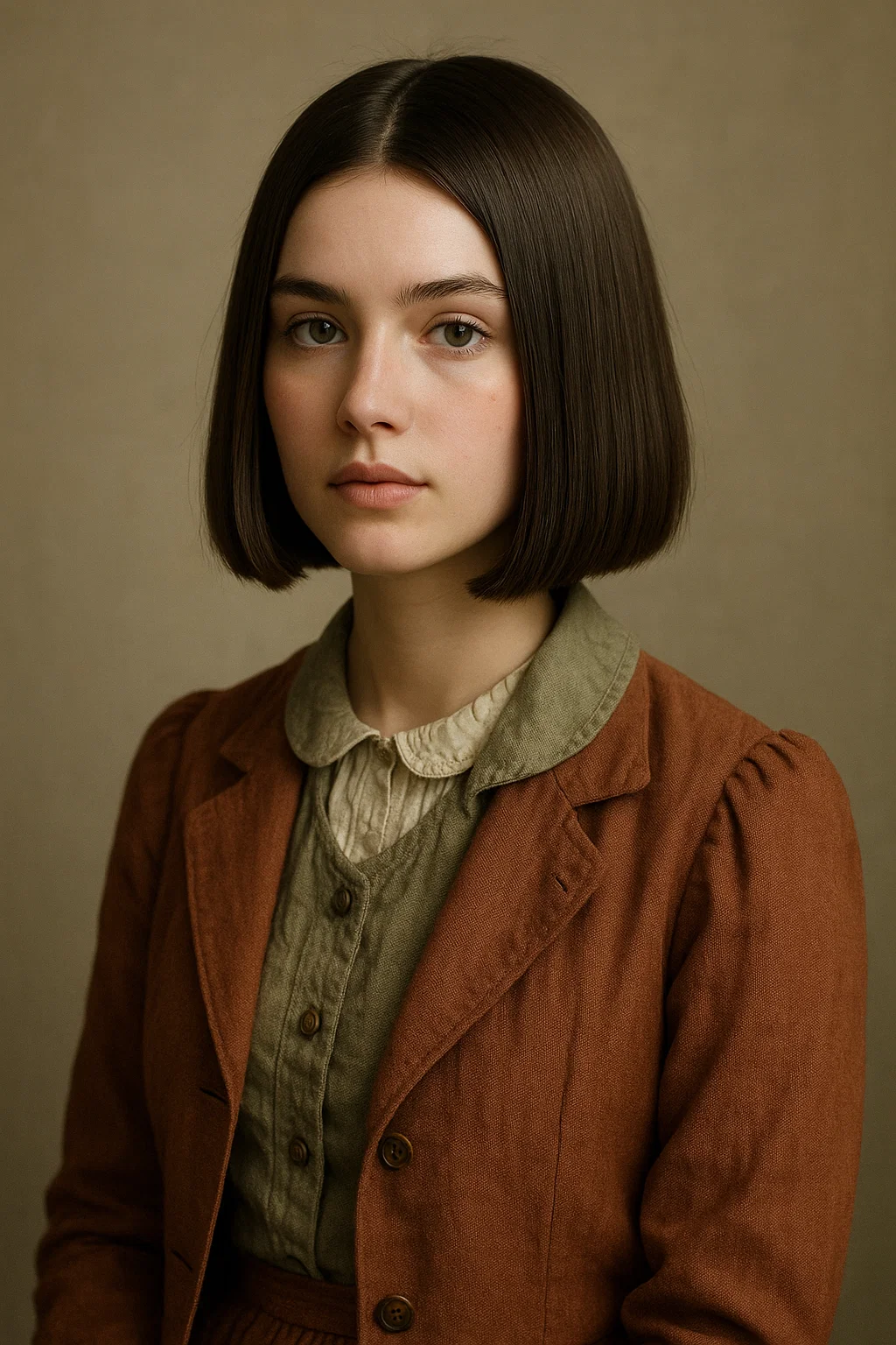 an image of a woman with a long blunt bob that falls just below the chin or collarbone, maintaining clean lines for a versatile yet sleek appearance.