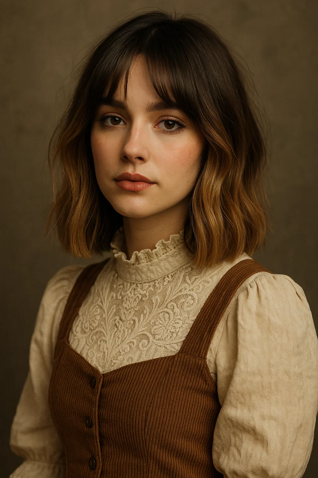 an image of a woman with a long bob, highlighted with subtle balayage or highlights, paired with curtain bangs that add depth and contrast to the overall look.