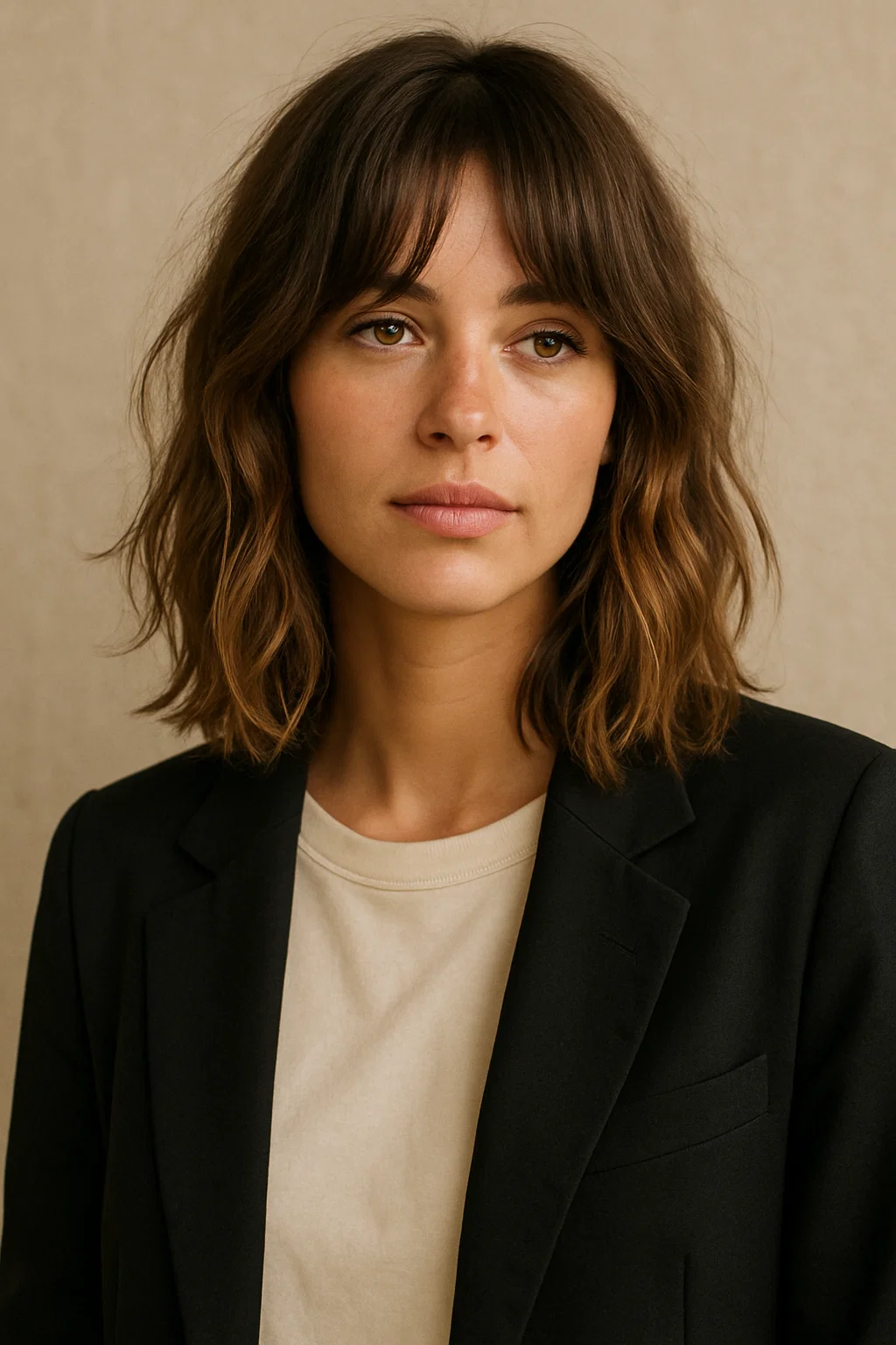 an image of a woman with a long bob styled with undone waves and curtain bangs, giving off a relaxed, off-duty, and beachy look.