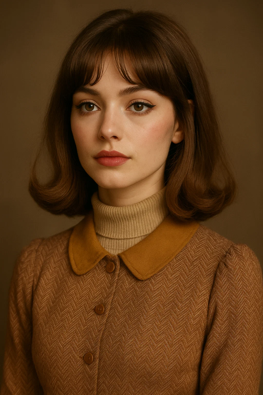 an image of a woman with a long bob that has curled ends, paired with curtain bangs for a chic, retro-inspired look with a modern twist.