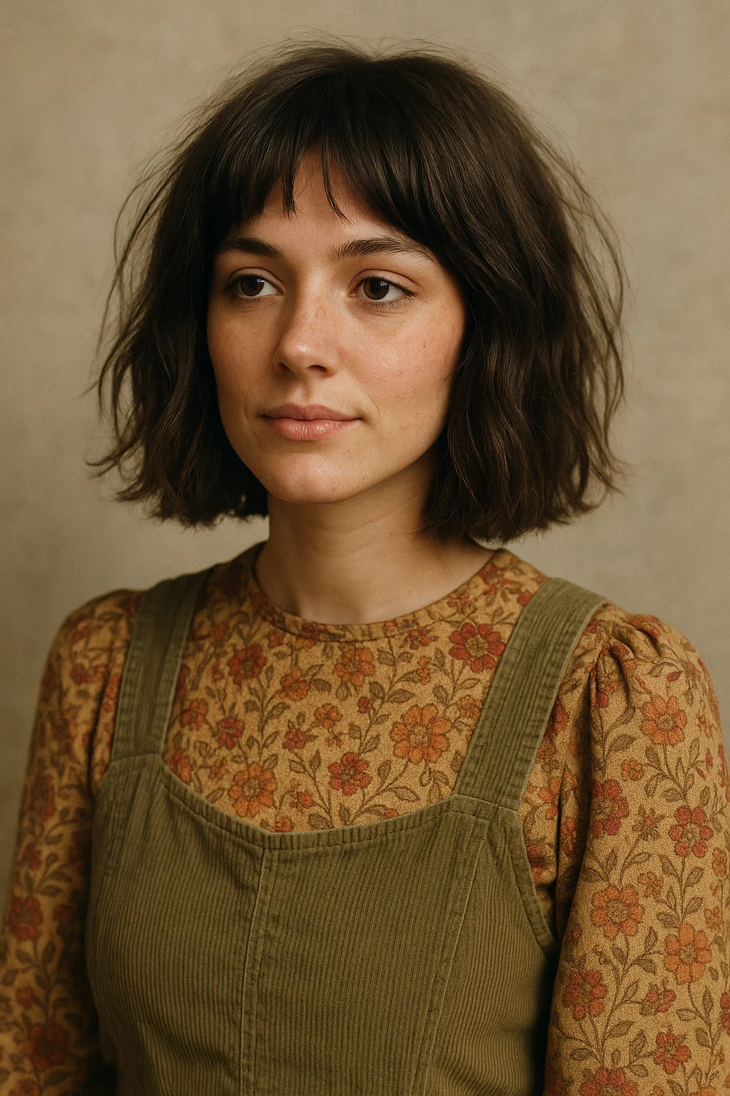 an image of a woman with a messy blunt lob, where tousled waves and soft layers create a relaxed, low-maintenance hairstyle