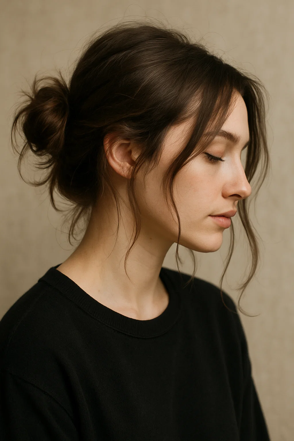 an image of a woman with a messy bun, gathered into a loose, low or high bun, with a few loose strands framing the face for an effortless, relaxed look.