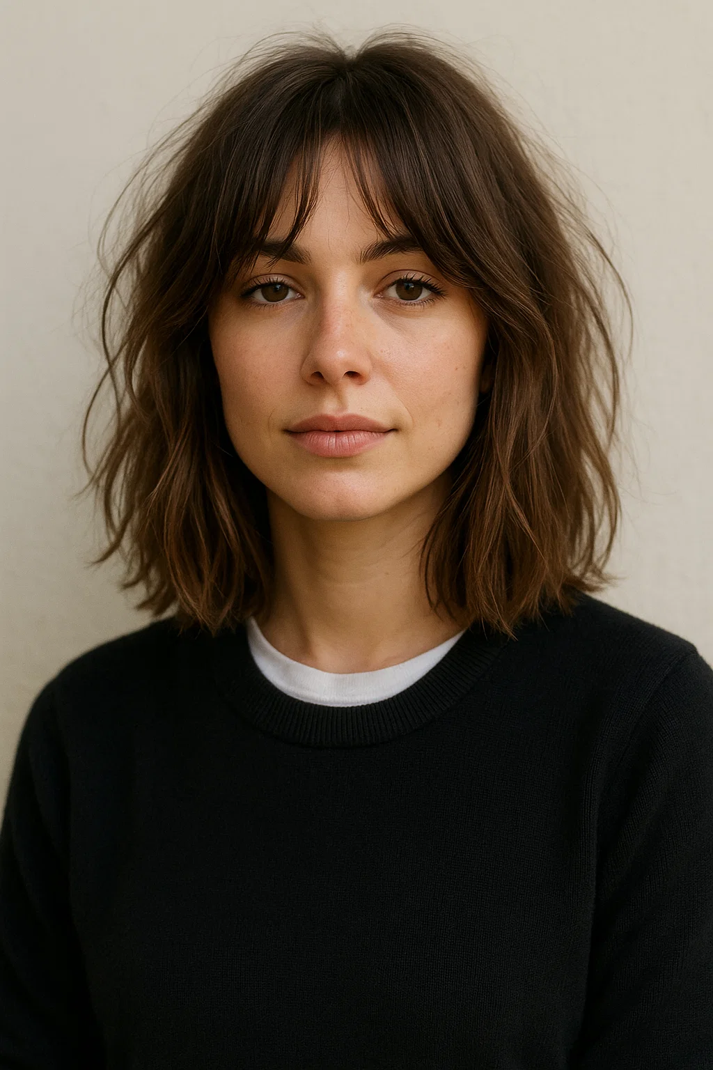 an image of a woman with a messy, tousled long bob, styled with relaxed and effortless curtain bangs for a laid-back, casual appearance.