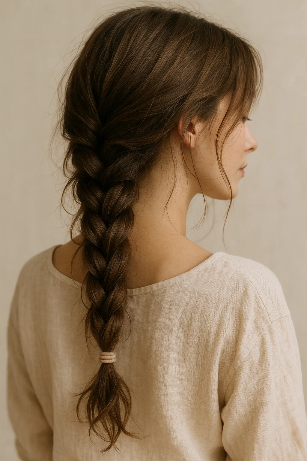an image of a woman with a relaxed, loose braid, either a three-strand braid or fishtail braid, left loosely for a carefree, stylish appearance, secured with a soft hair tie.