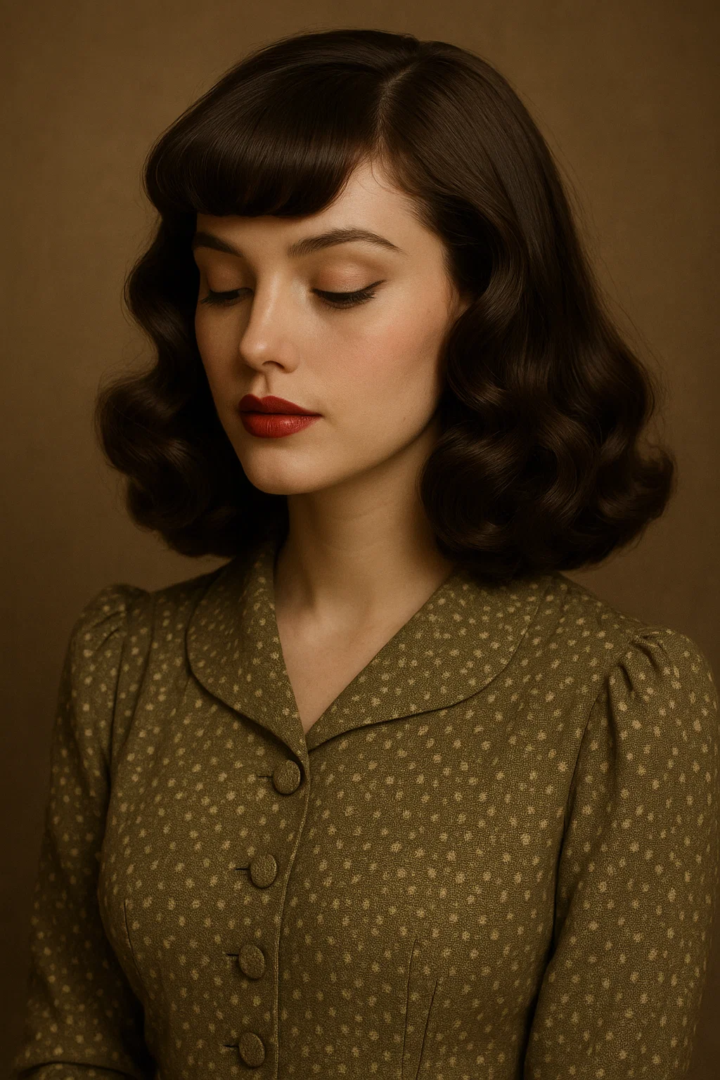 an image of a woman with a retro-inspired long bob, featuring vintage waves and voluminous curtain bangs, adding old Hollywood charm to a modern bob