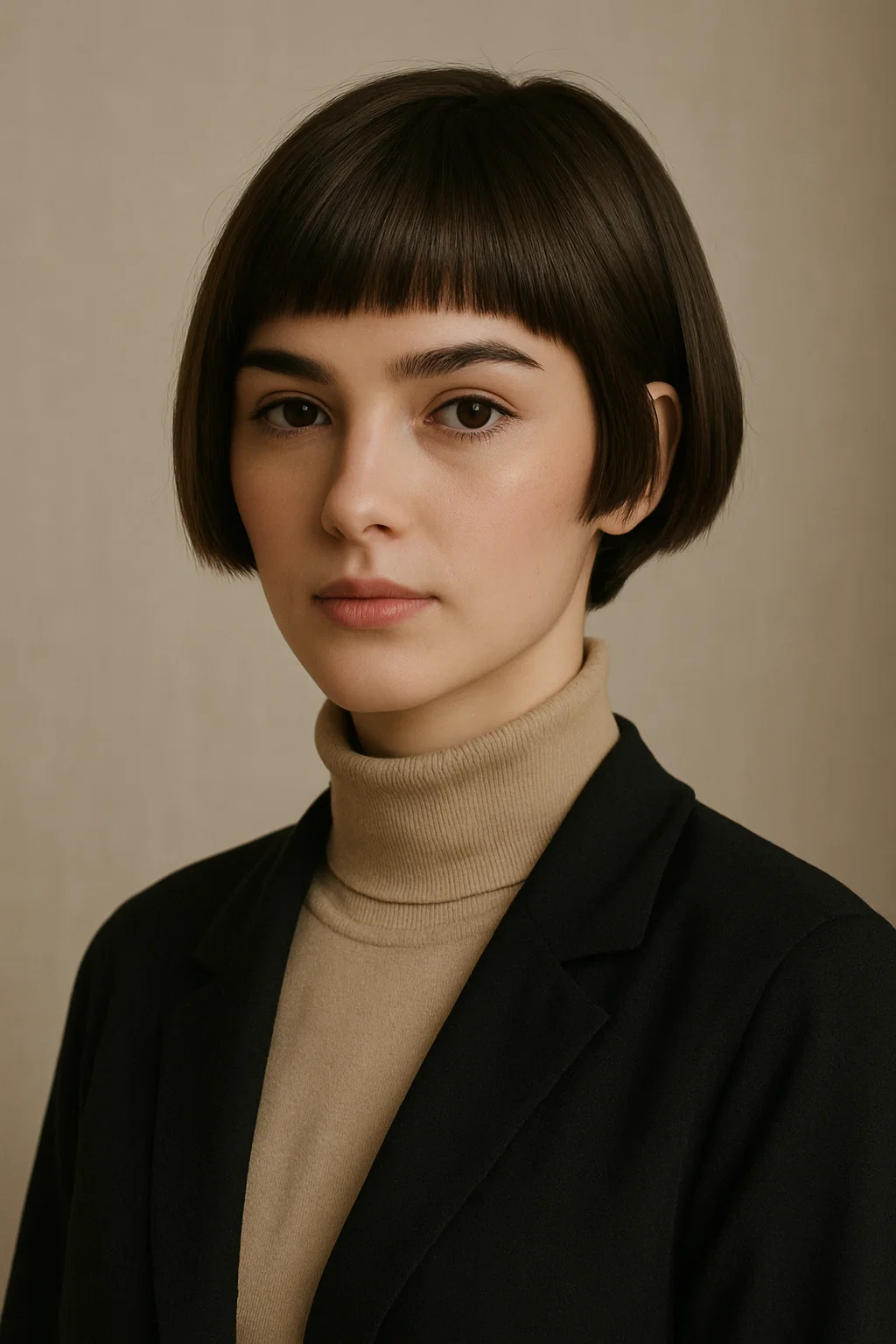 an image of a woman with a short pixie bob, featuring sharp blunt edges for a chic and low-maintenance style.
