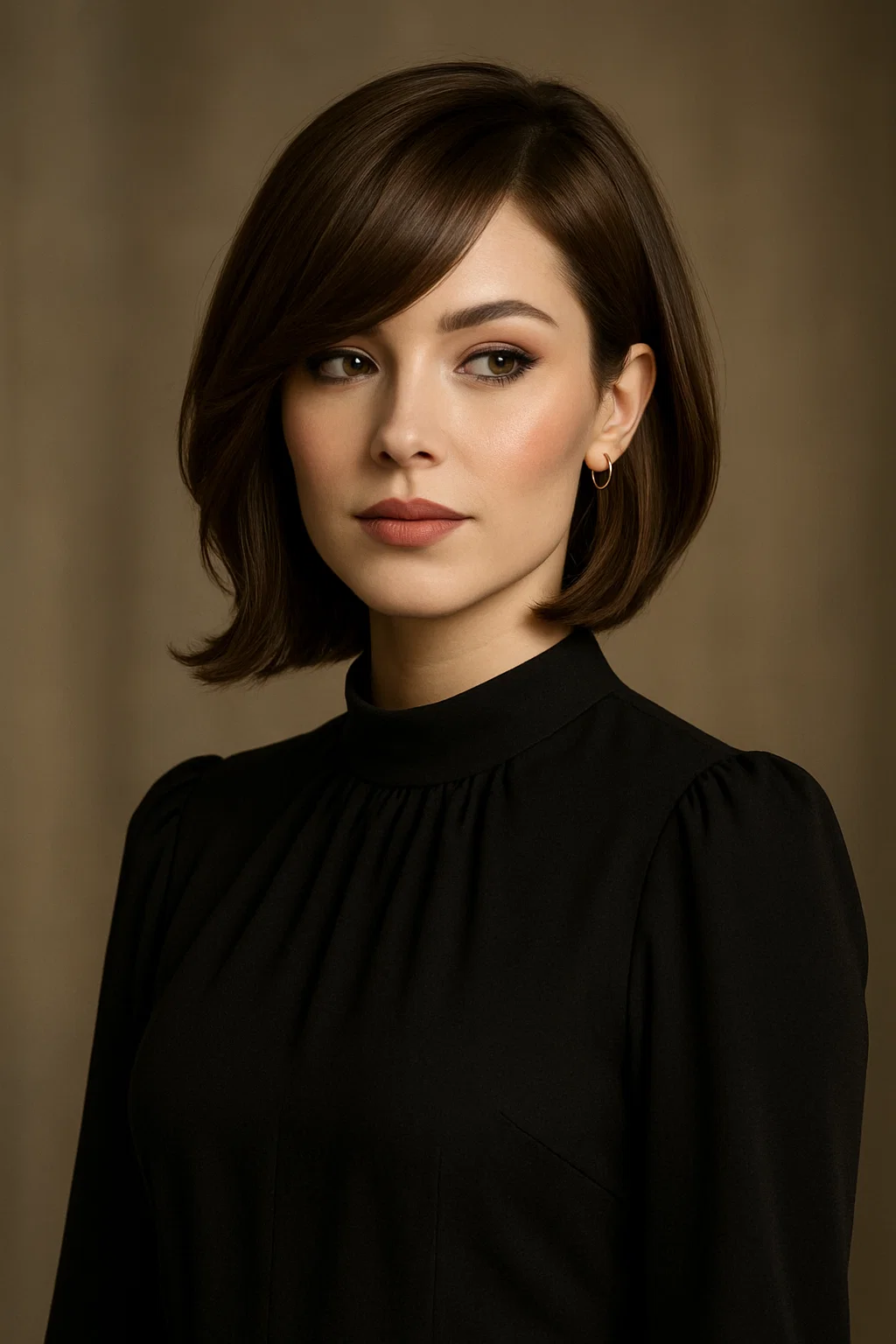 an image of a woman with a side-swept long bob, with curtain bangs styled to the side for a chic and sophisticated look, ideal for an evening out