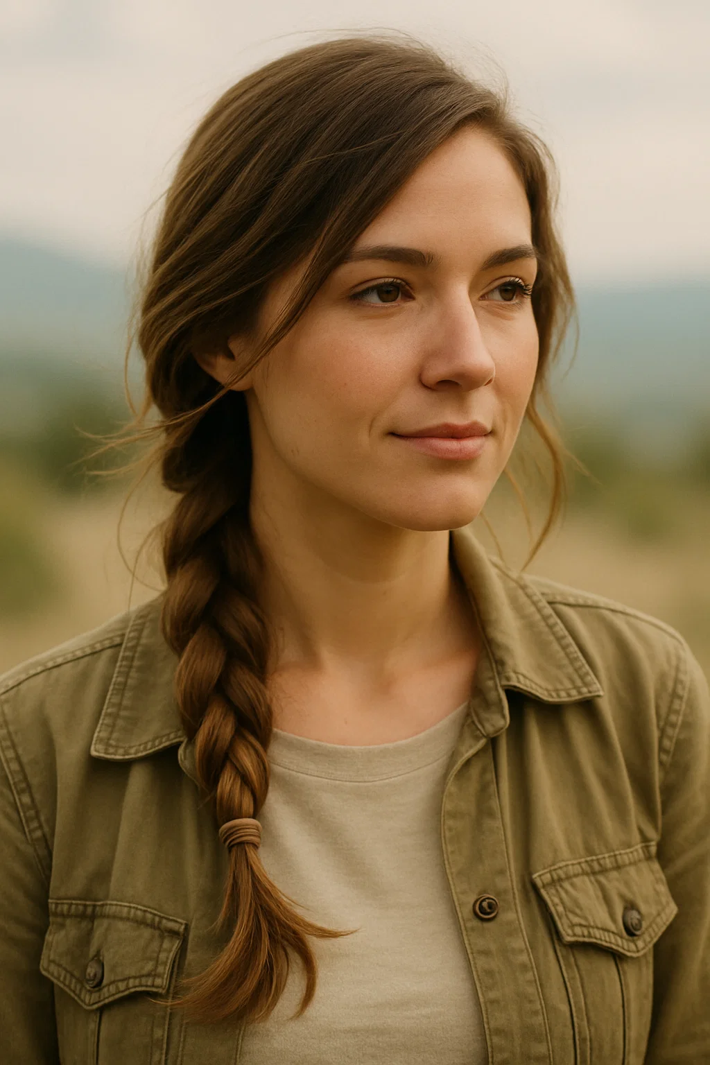 an image of a woman with a simple side braid, parted to one side, loosely braided and secured with a soft elastic, letting a few strands fall naturally for an effortless travel look.