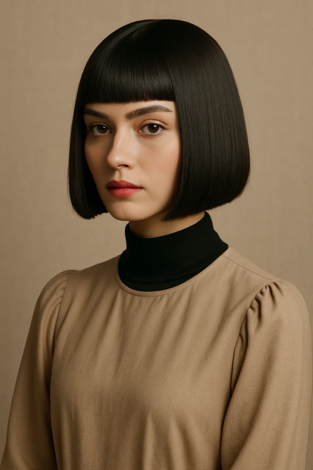 an image of a woman with a sleek blunt bob, featuring straight, clean lines that give off a sophisticated, high-fashion vibe.