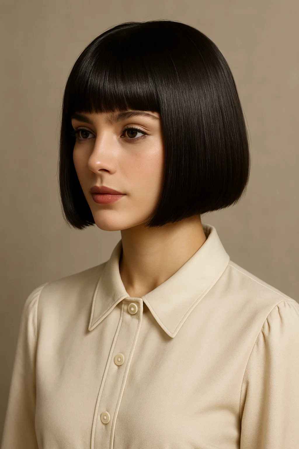 an image of a woman with a sleek, straight blunt bob, featuring a shiny finish for a glossy, polished, and sophisticated appearance