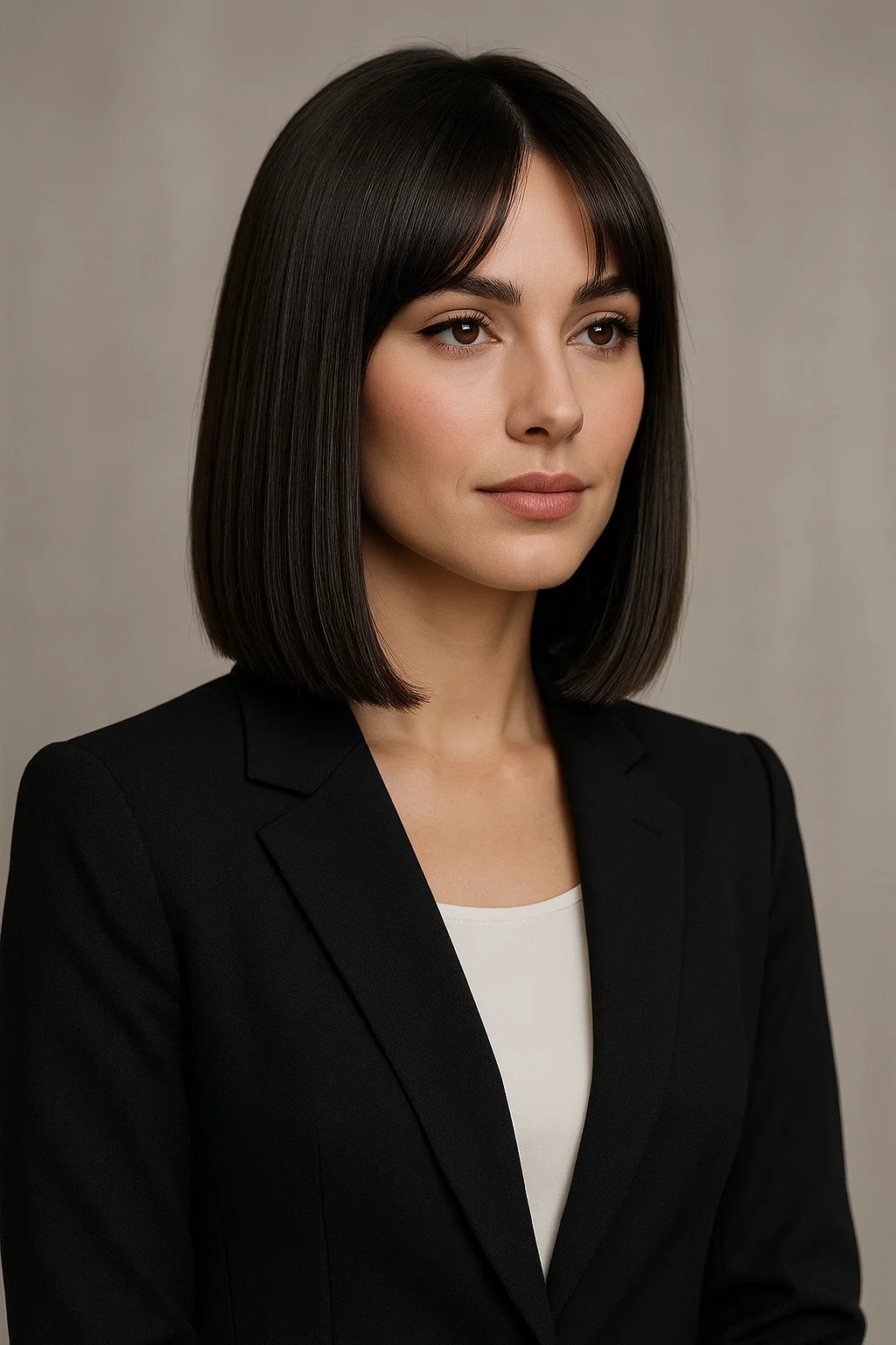an image of a woman with a sleek straight long bob, with curtain bangs framing her face in a polished and sophisticated style, perfect for office or formal events.