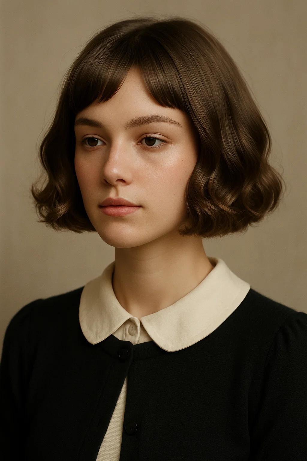 an image of a woman with a soft blunt bob, featuring gentle curls that add dimension while keeping the sharp lines of the bob intact