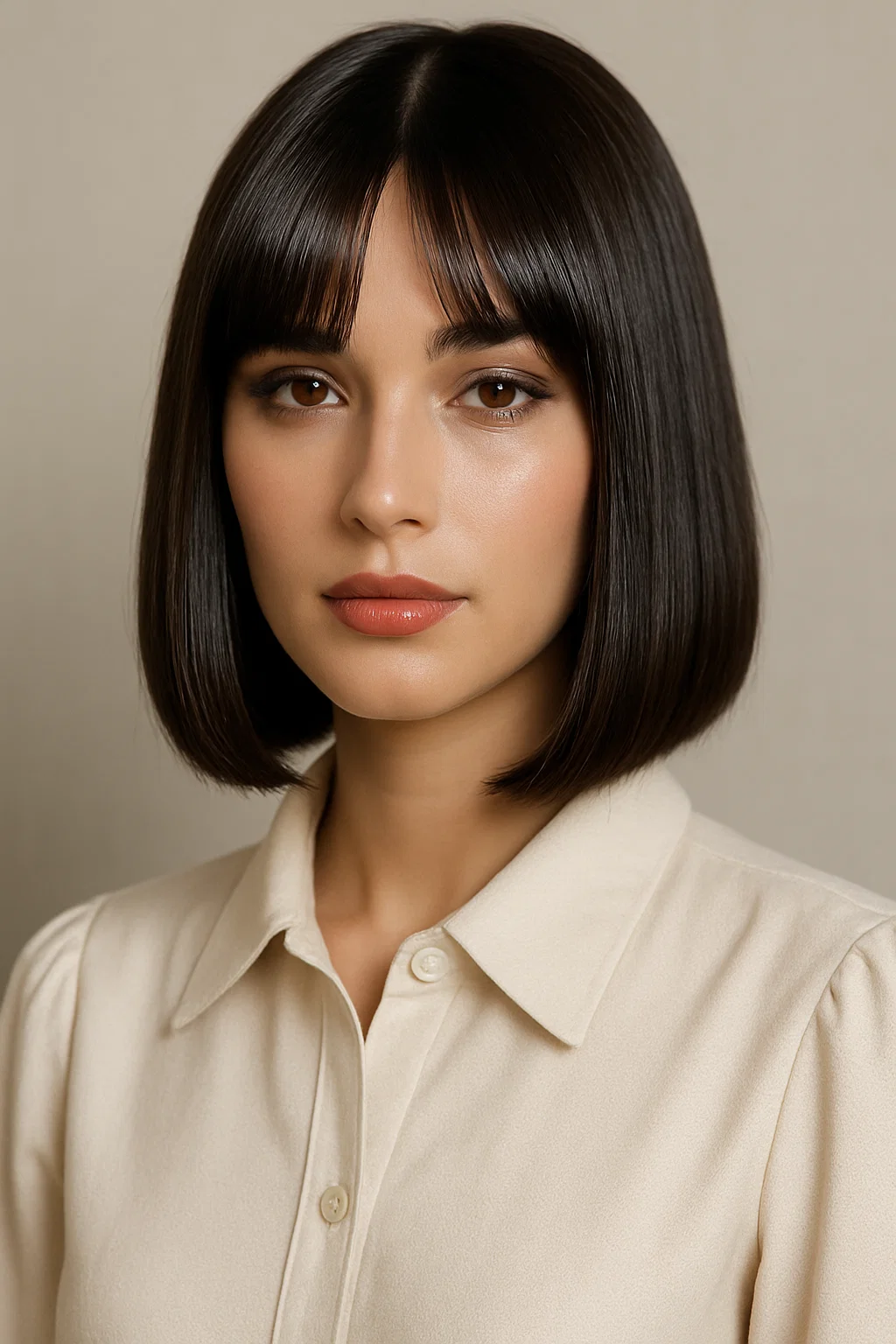 an image of a woman with a straight, shiny long bob, with glossy curtain bangs framing her face in a sleek, sophisticated style