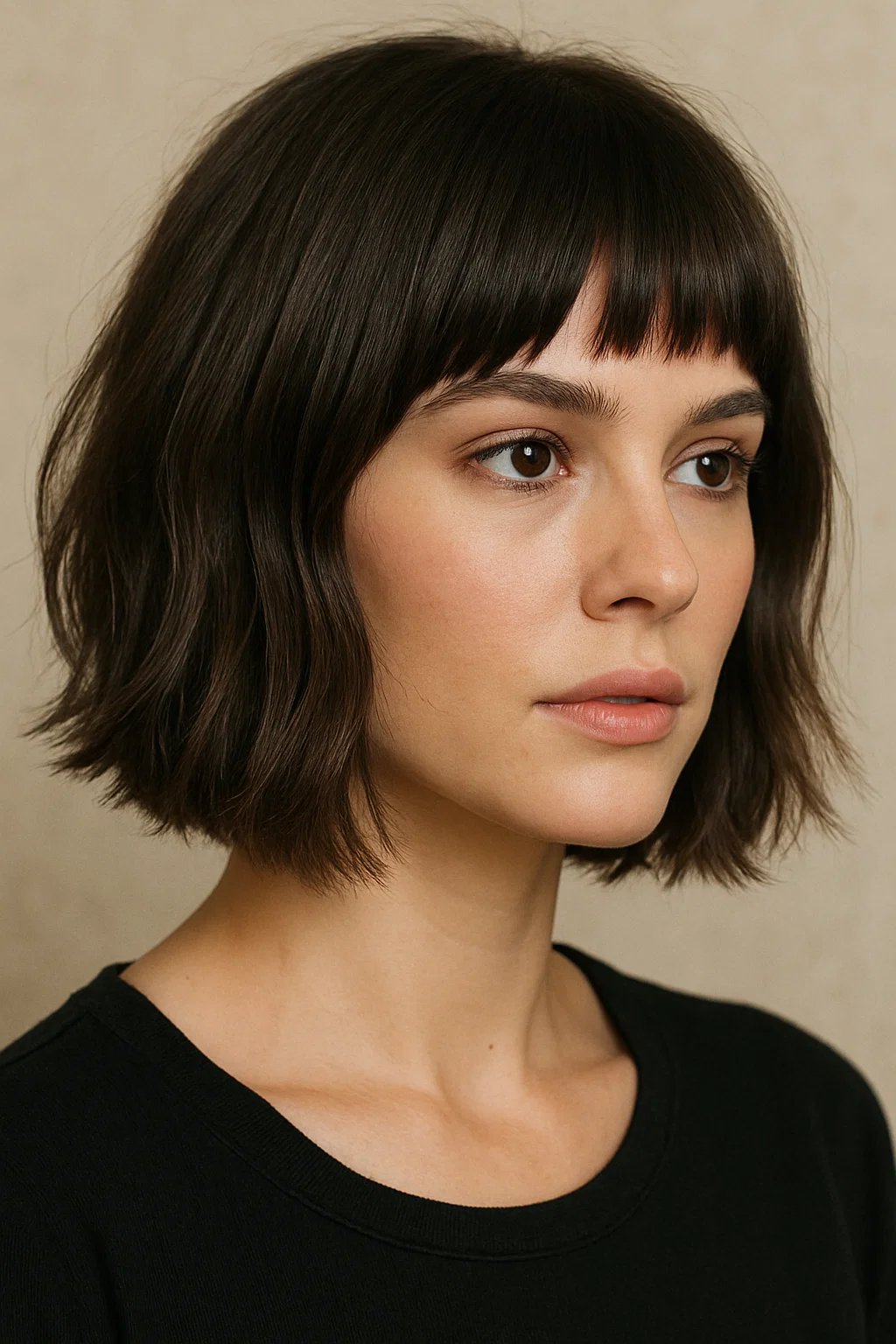 an image of a woman with a textured blunt cut, incorporating slight layering at the ends to create movement while maintaining the sharpness of the blunt style.