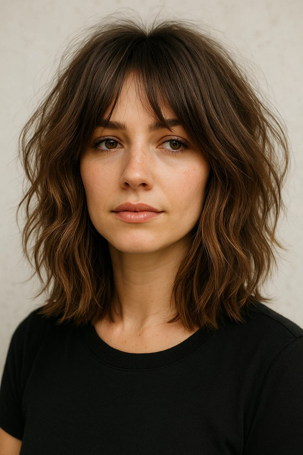 an image of a woman with a textured long bob, featuring added layers and volume, with soft curtain bangs to complete the messy, lived-in look.