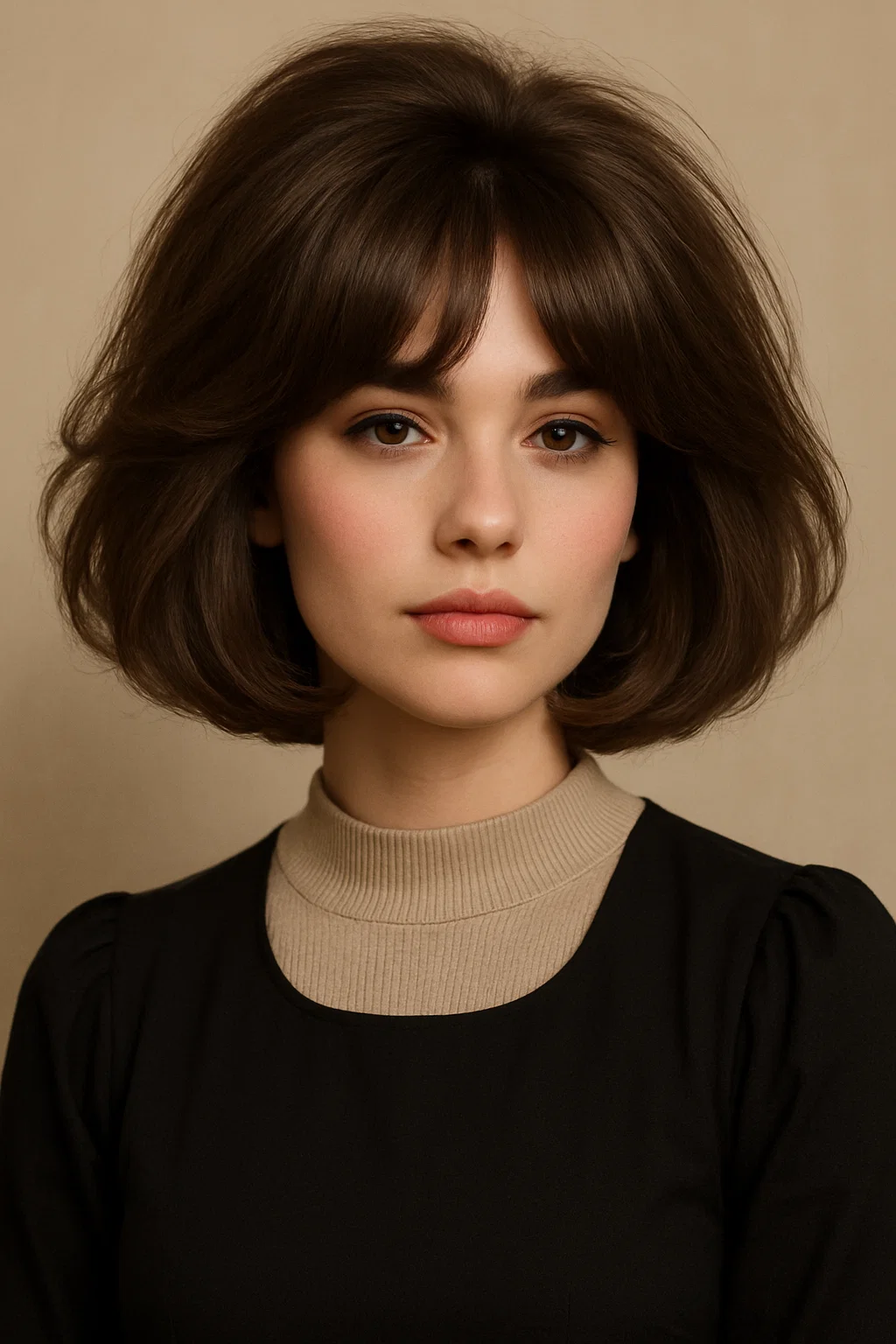 an image of a woman with a voluminous long bob, featuring extra volume at the roots and soft curtain bangs framing the face for a youthful, bold look.