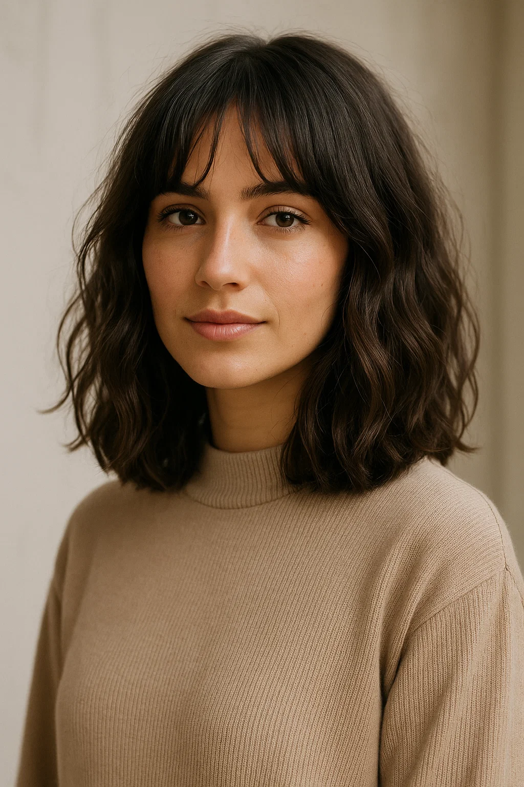 an image of a woman with a wavy long bob styled with natural waves and curtain bangs, giving off a relaxed yet stylish vibe suitable for day or night.