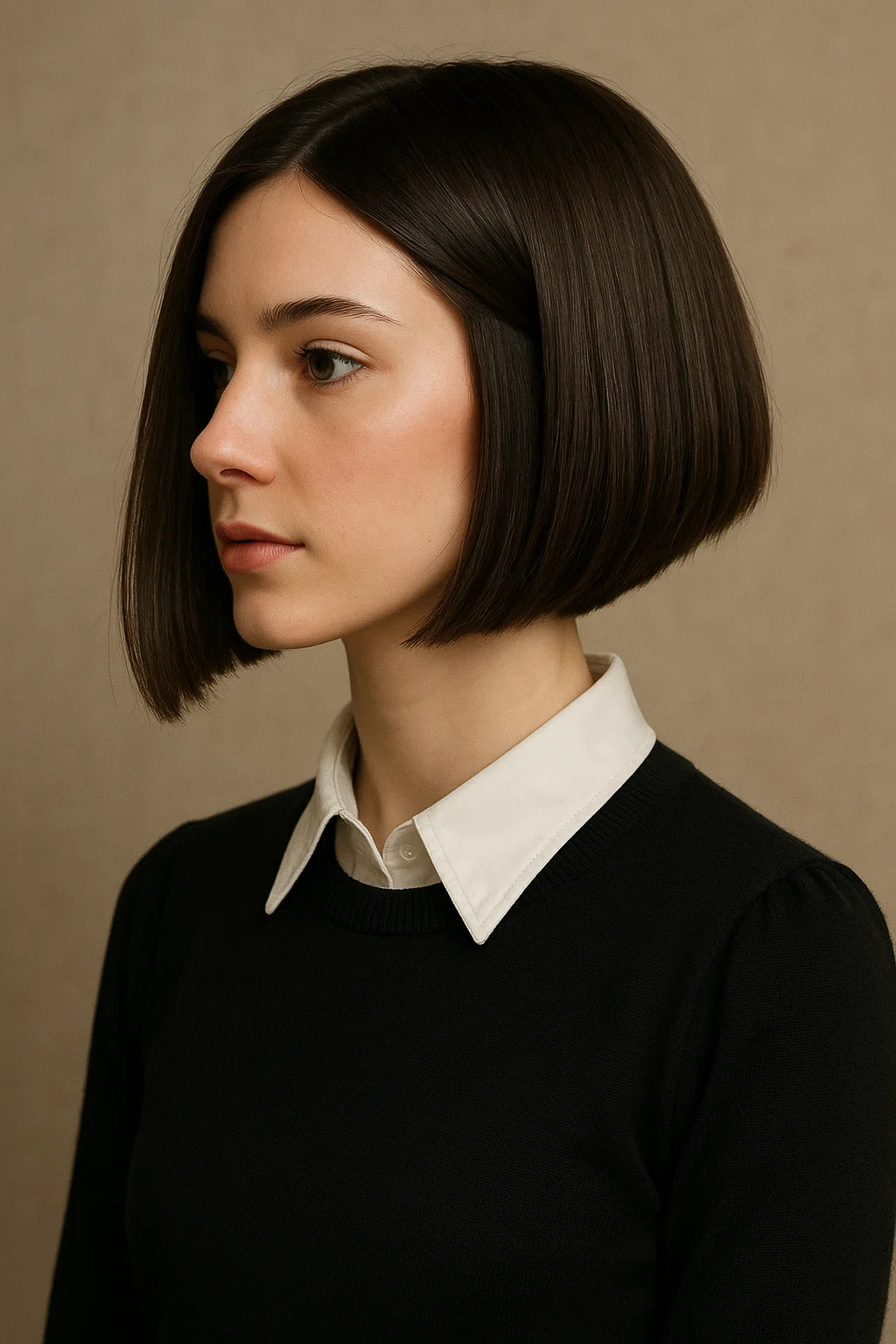 an image of a woman with an angled blunt bob, where the front strands are longer than the back, offering a dynamic, modern look