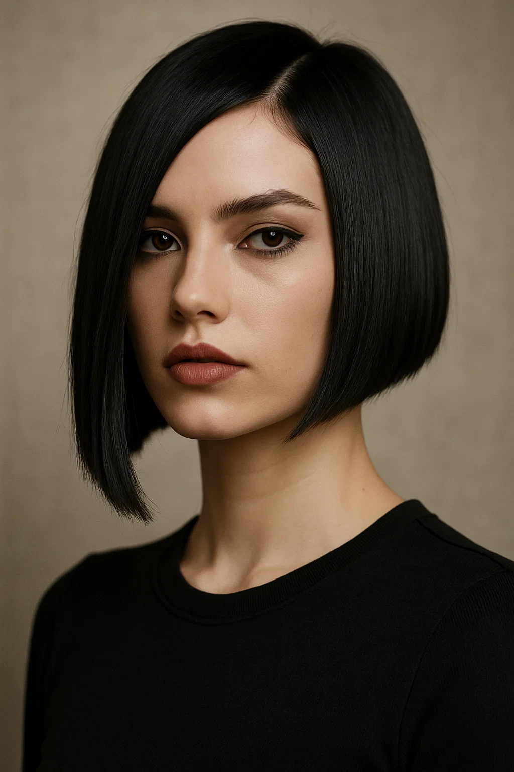 an image of a woman with an asymmetrical blunt bob, where one side is slightly longer than the other, creating a bold, edgy look.