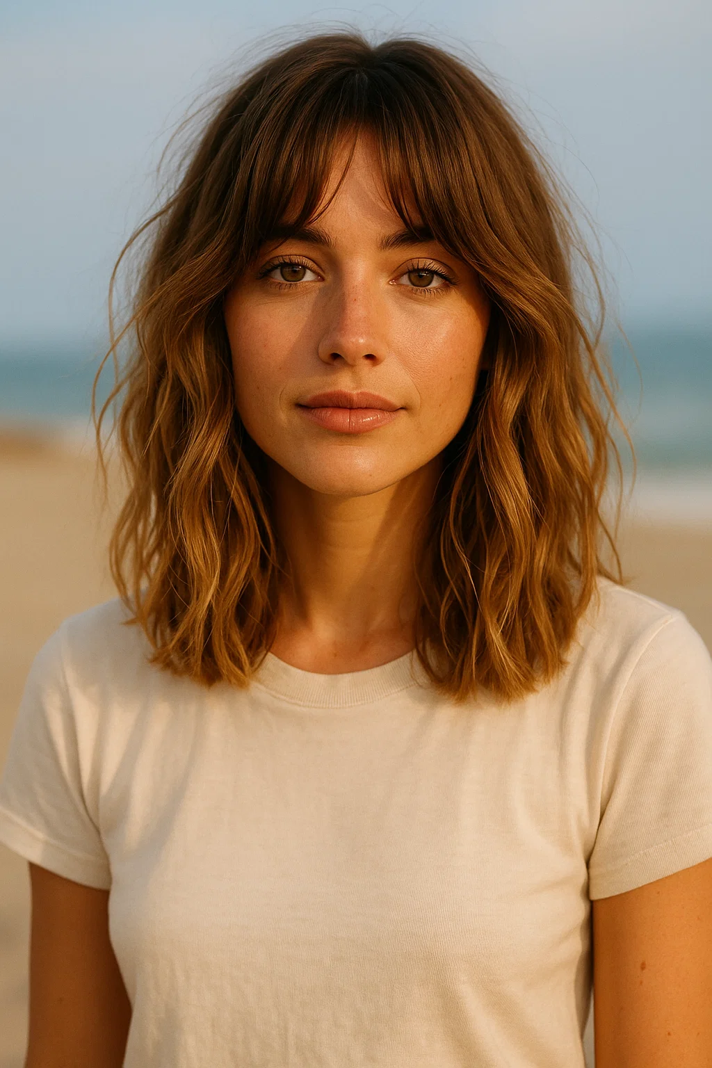 an image of a woman with beachy waves in a long bob, paired with soft curtain bangs for a bohemian and carefree vibe, perfect for summer days.