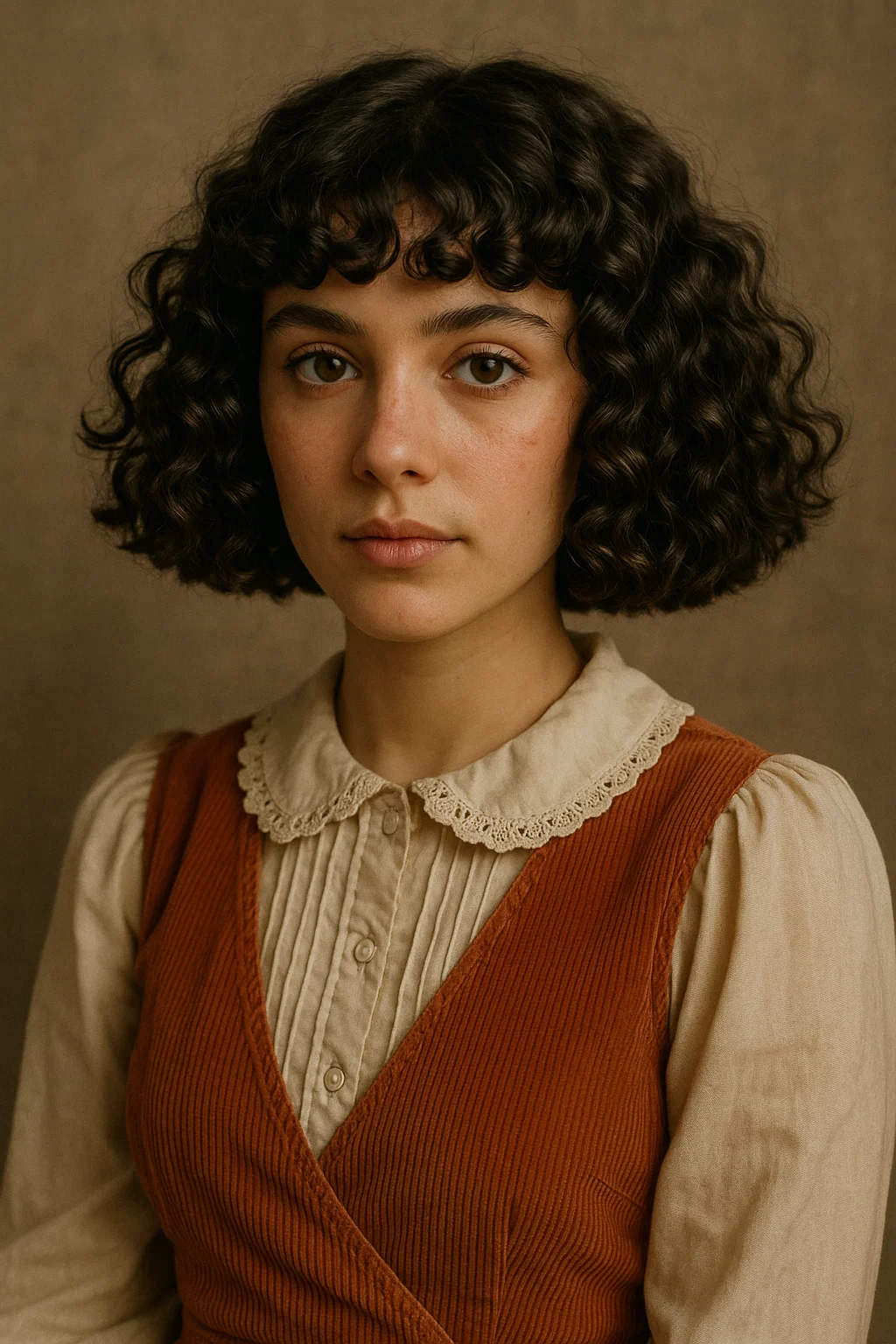 an image of a woman with curly hair styled in a blunt bob, where the ends are cut straight to add structure to the natural curls while keeping the look voluminous