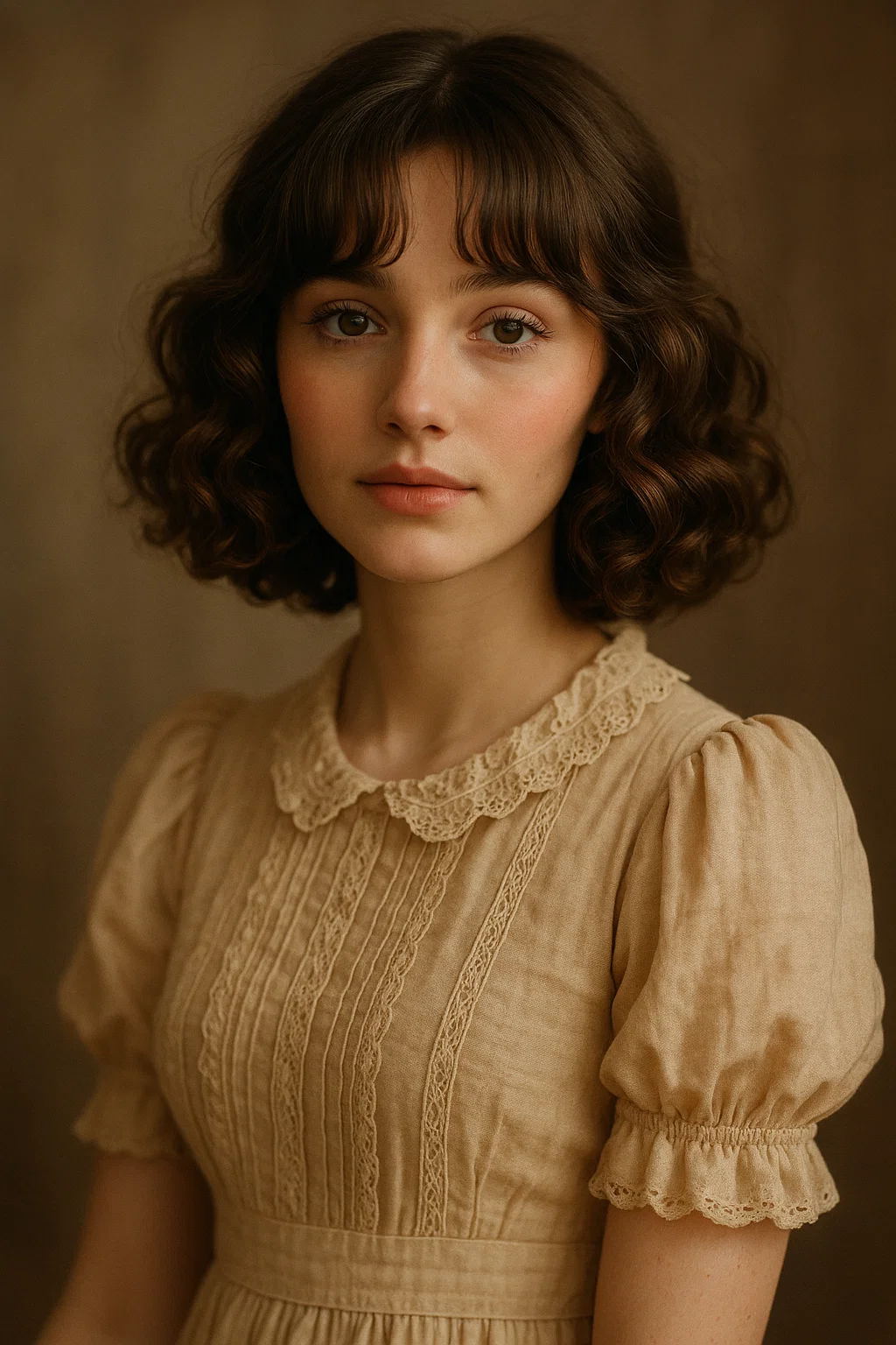 an image of a woman with soft curls in a long bob, paired with curtain bangs for a romantic, feminine style that enhances the overall softness.