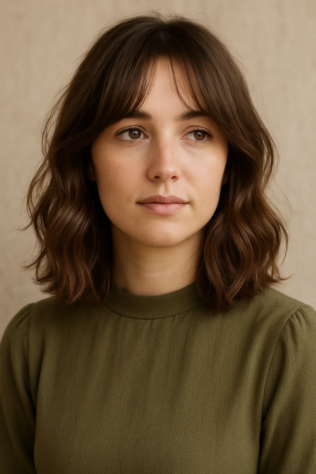 an image of a woman with soft waves and natural texture in a long bob, styled with curtain bangs that add softness while highlighting the natural movement.