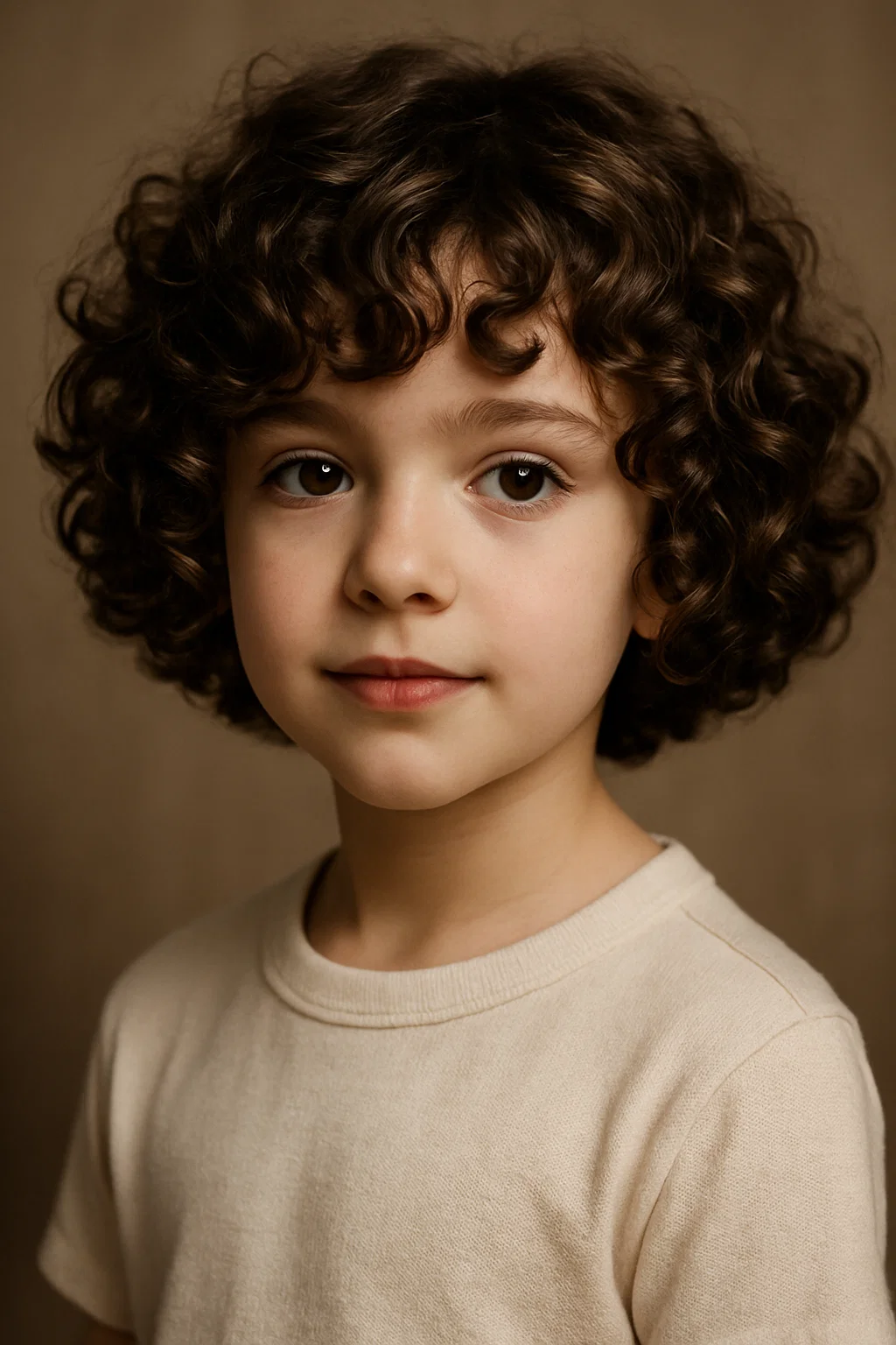 an image of a young girl with a curly bob haircut, the curls defined and the length cut into a cute bob, adding volume at the crown