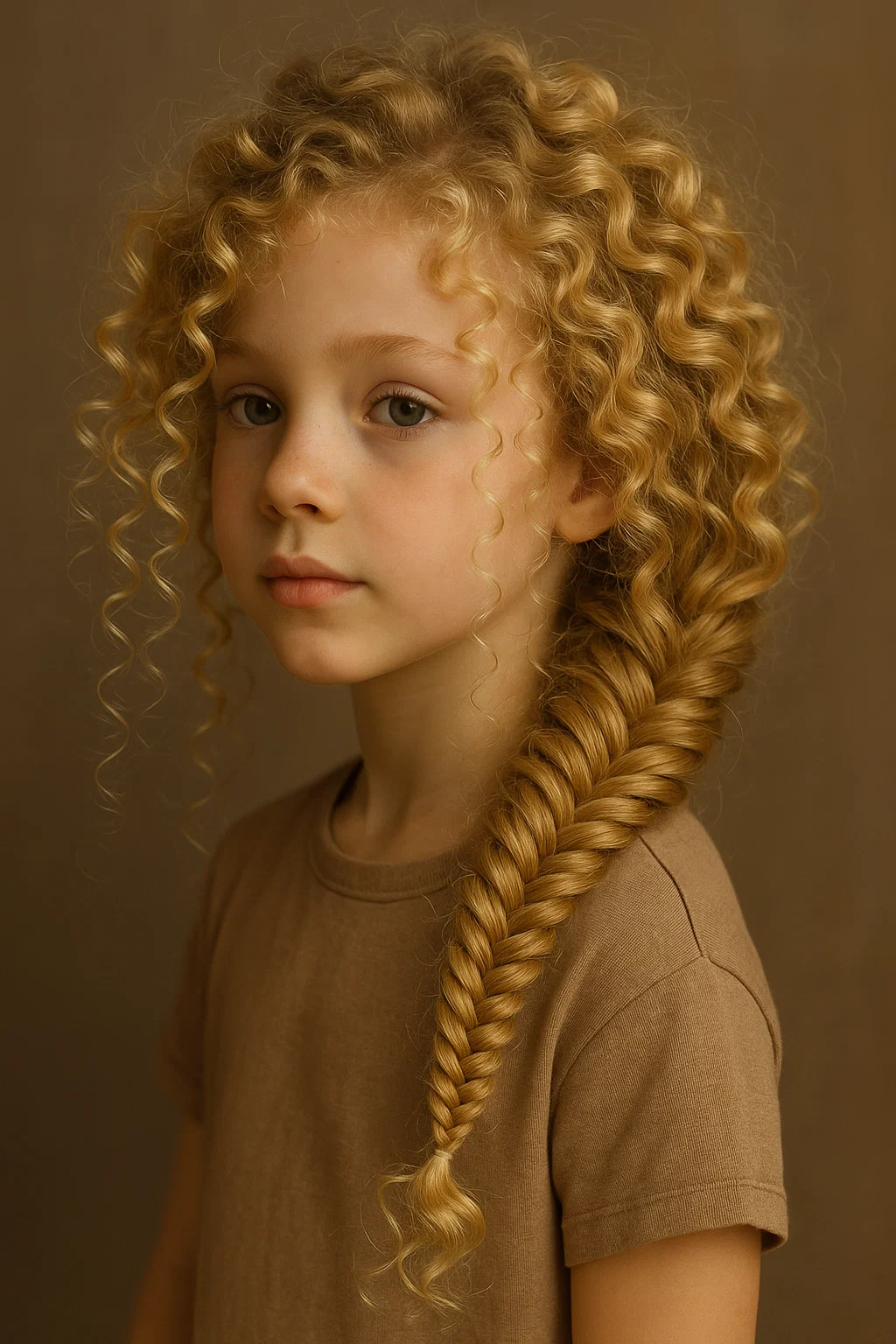 an image of a young girl with curly hair styled in a fishtail braid, with the braid beautifully highlighting her curls