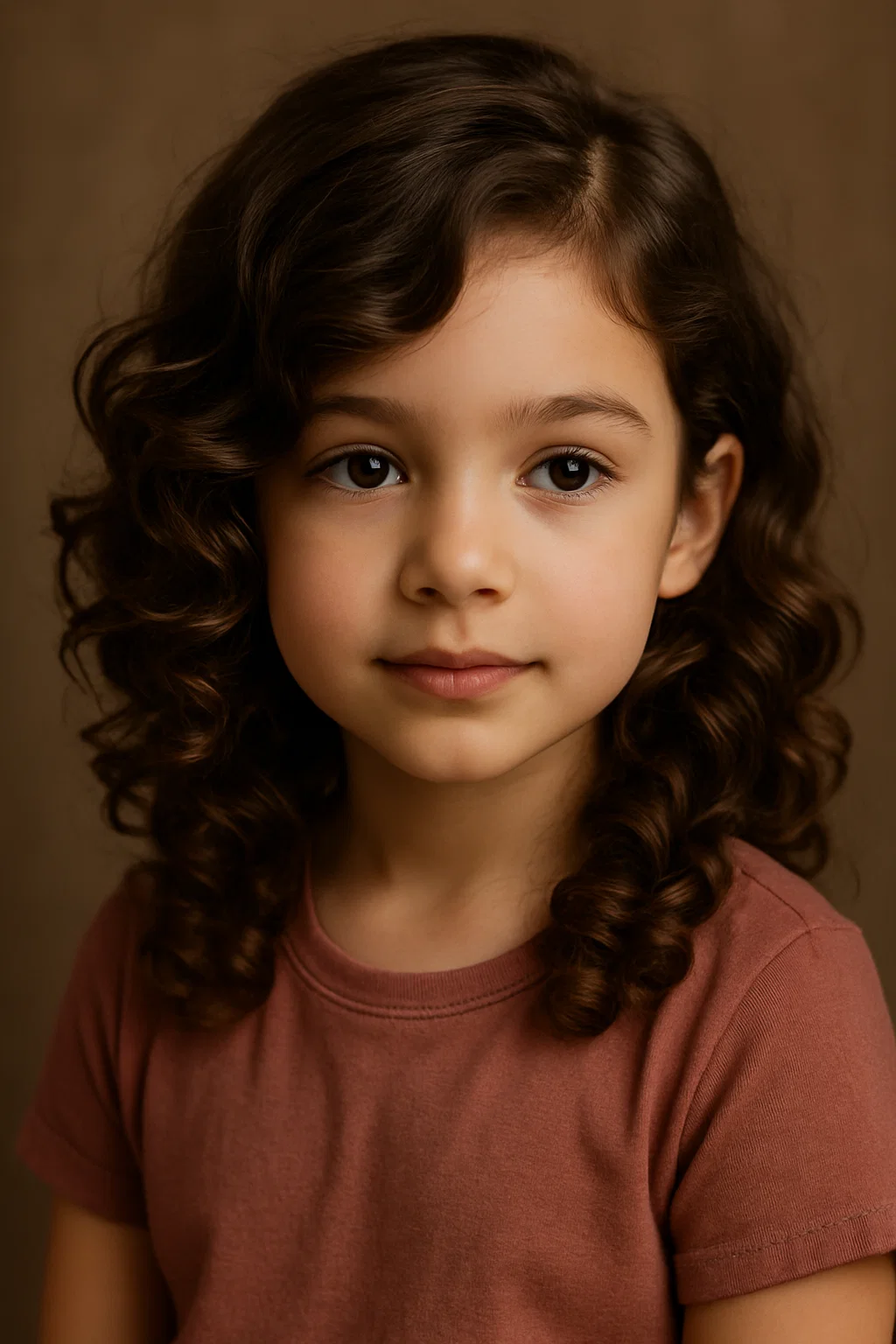 an image of a young girl with curly hair styled in soft side-swept curls, with the hair parted to one side and the curls flowing gently to one side of the face.