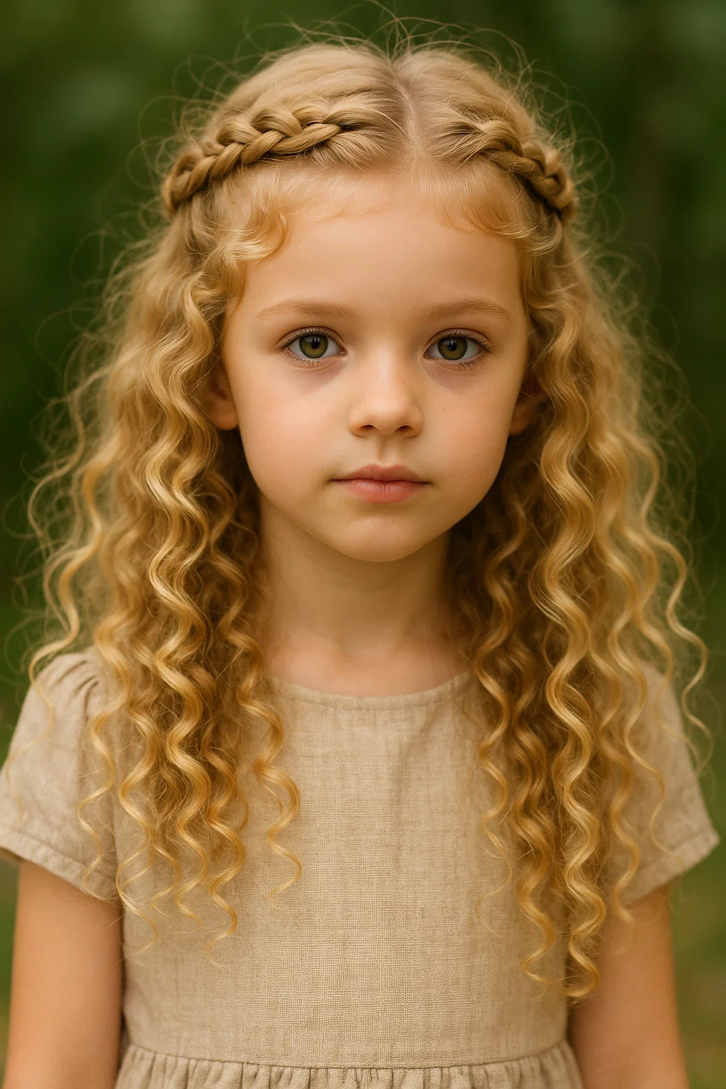 an image of a young girl with curly hair styled into a braided crown, with two braids at the crown and the rest of the curls flowing freely
