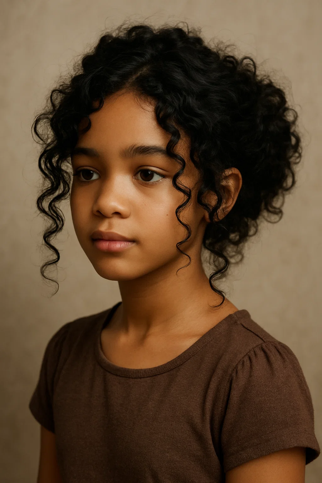 an image of a young girl with curly hair styled into a soft, loose curly updo, with curls gathered into a loose bun at the back of the head and soft curls framing the face.