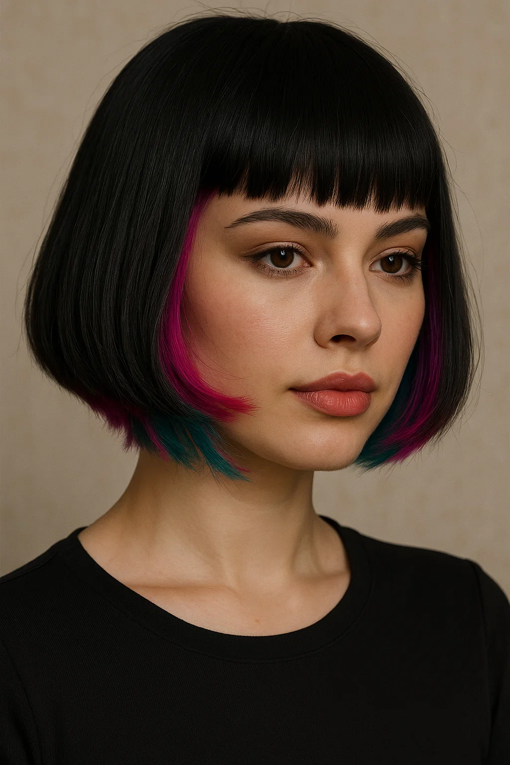 n image of a woman with a blunt bob, featuring vibrant underlights in a contrasting color that peeks through when styled.