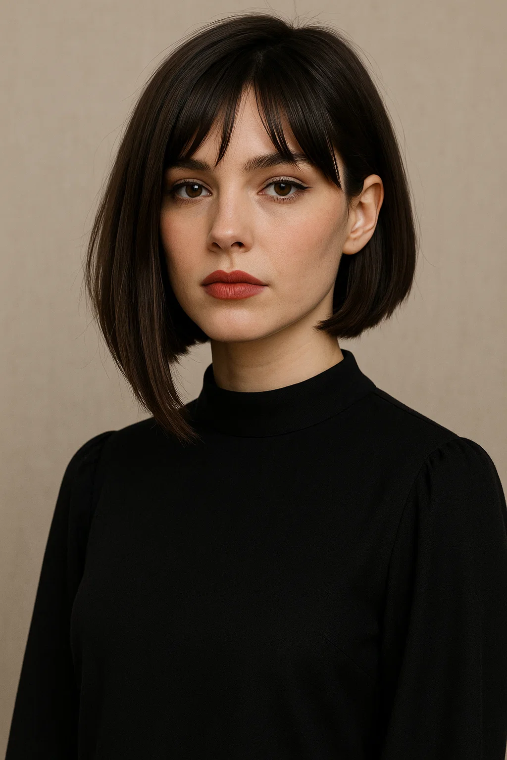 n image of a woman with an asymmetrical long bob, where one side is longer than the other, paired with curtain bangs for a bold and edgy style