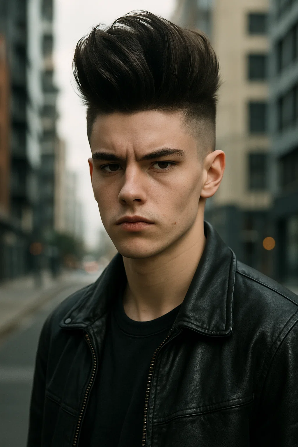 A bold teen with a high pompadour and shaved sides
