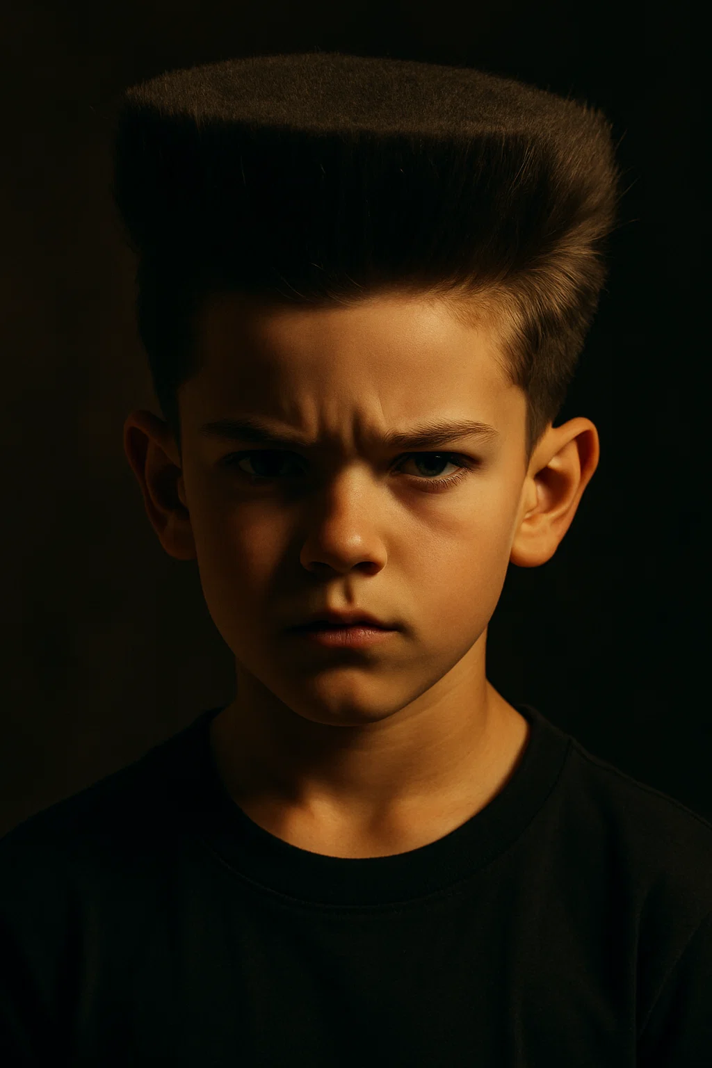 A bold young boy with a pompadour featuring a flat top