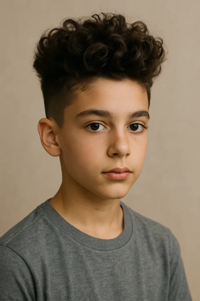 A boy with curly hair styled into a voluminous pompadour