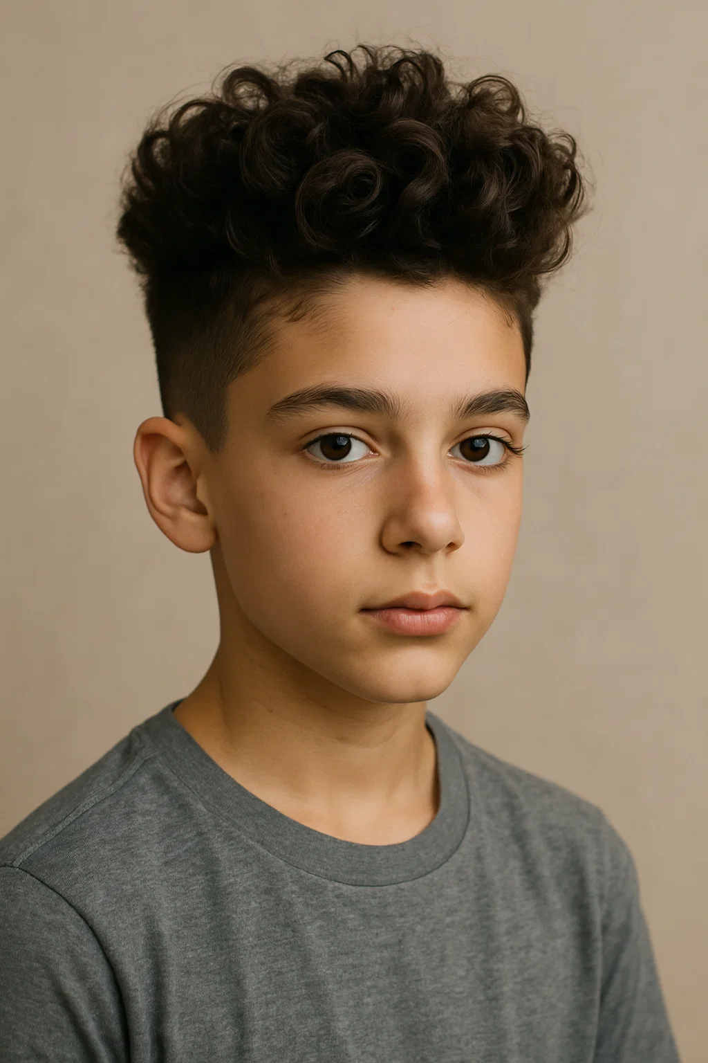 A boy with curly hair styled into a voluminous pompadour