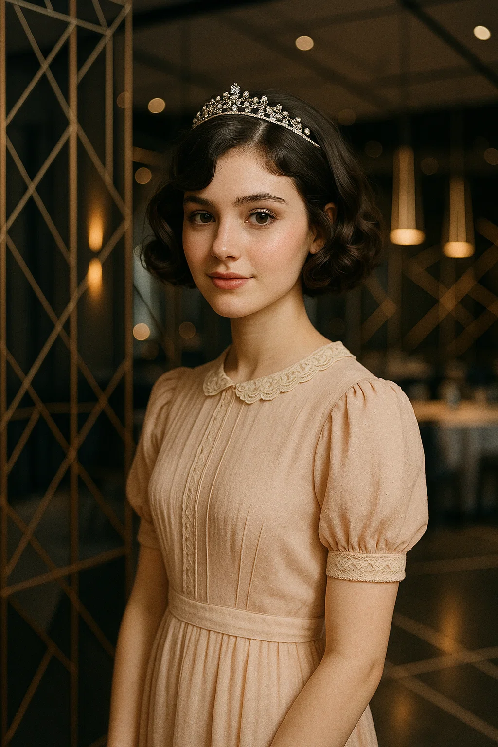 A chic curled bob with a cute accessory like a tiara or flower crown for prom