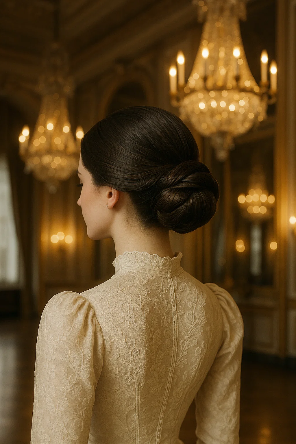 A classic elegant chignon updo for prom, with the hair neatly gathered into a low bun.