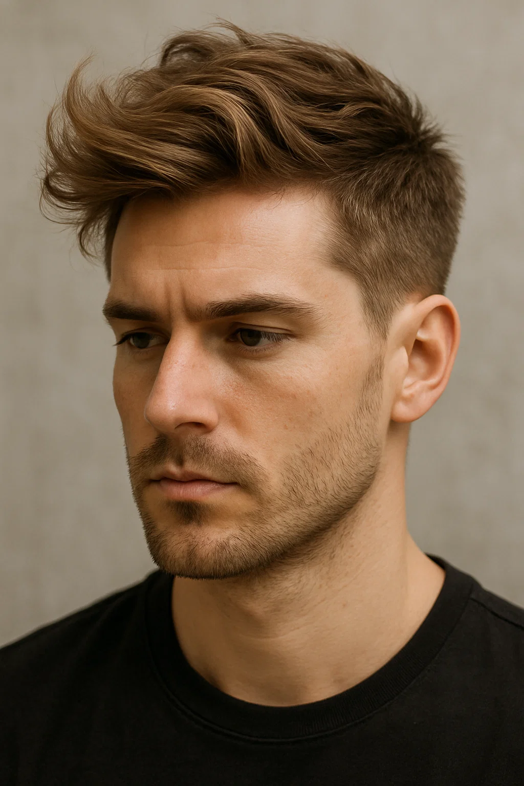 A close-up of a man with a side-swept textured quiff.