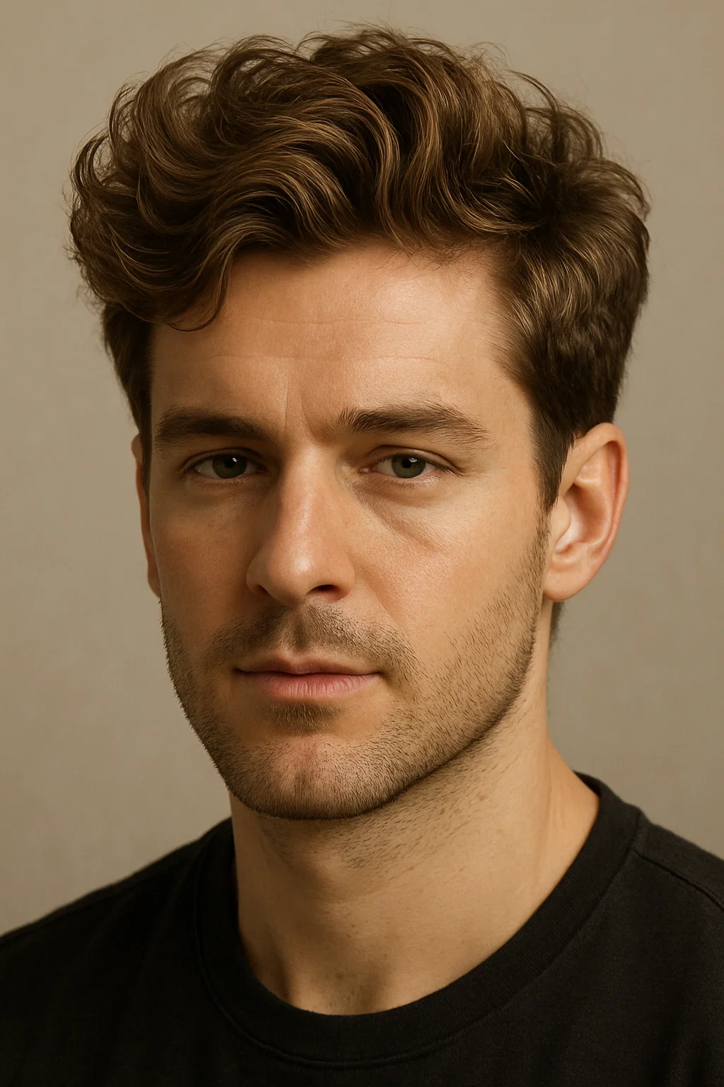 A close-up portrait of a man with textured wavy hair that creates volume and body.